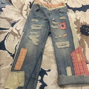 Oh Women's Patchwork Jeans - Blue and Beige